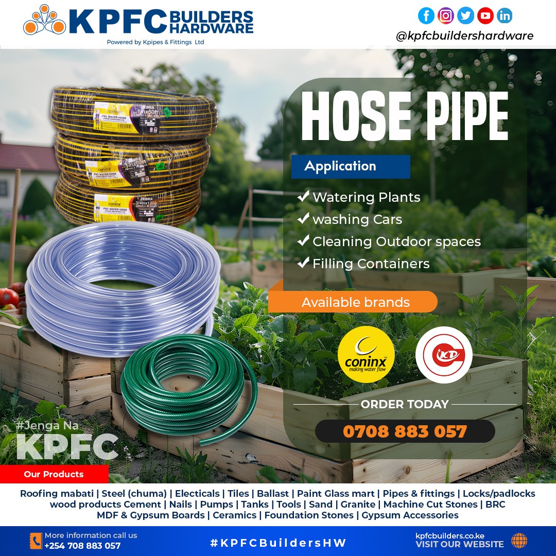 Why choose Kpfc Builders Hardware hose pipes?
 ✅ Professional-grade quality for long-lasting performance.
✅ Versatile design for multiple uses.
 ✅ Easy to use and manoeuvre.
✅ Durable materials ensure maximum durability.
 #HosePipes
 #KPFCBuildersHw
📞 0708 883057