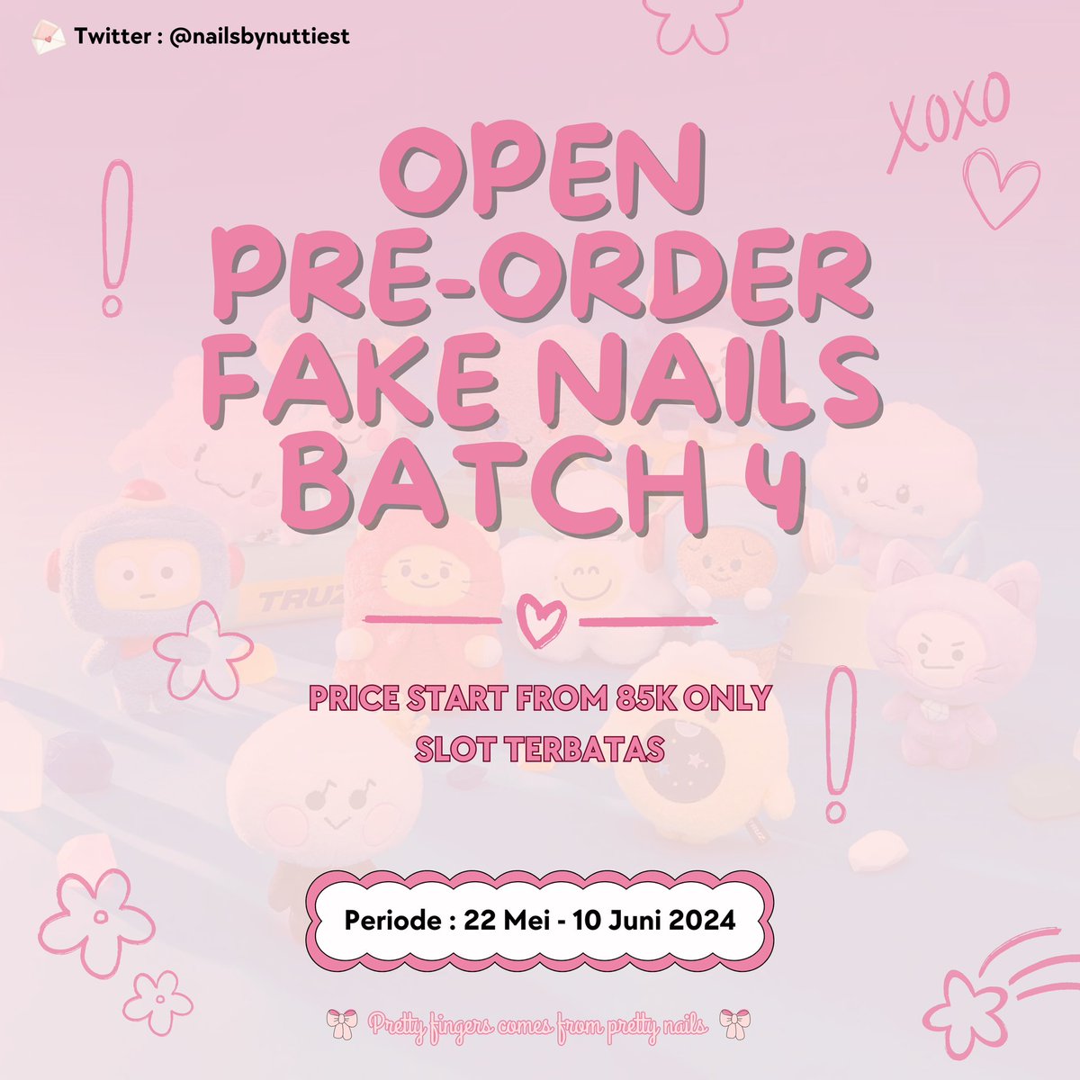 [HELP RT]

OPEN PRE ORDER FAKE NAILS / PRESS ON NAILS BATCH 4

ᯓᡣ𐭩 Price start from 85K~

100% handmade

Bisa custom design, size, and shape yaa

Order? DM! 

Notes : waktu PO 1-3minggu! Pengerjaan bertahap! 

Bisa untuk konser treasure (dikirim 20/23juni)

#zonauang #zonaba