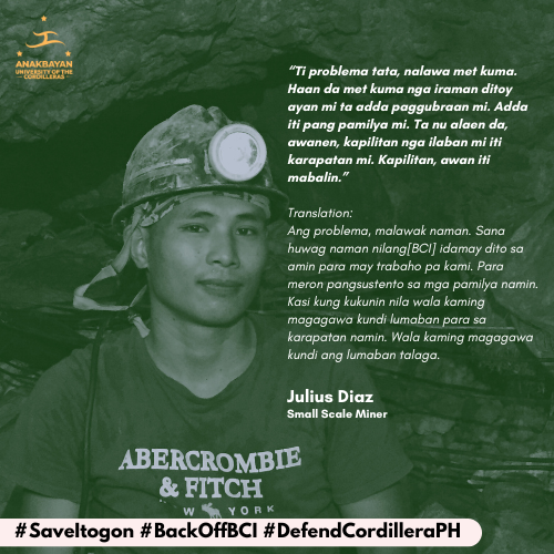 anakbayanUC's tweet photo. Ang hinaing ng mga minero na pagkawala ng kanilang hanapbuhay ay paglabag sa kanilang karapatang pantao.  Patuloy na sumama sa militanteng pagtindig ng mamamayan ng Sitio Dalicno para sa buhay, lupa, kabuhayan, at karapatan! 
#NoToAPSA105 https://t.co/Ha03ckpCwk