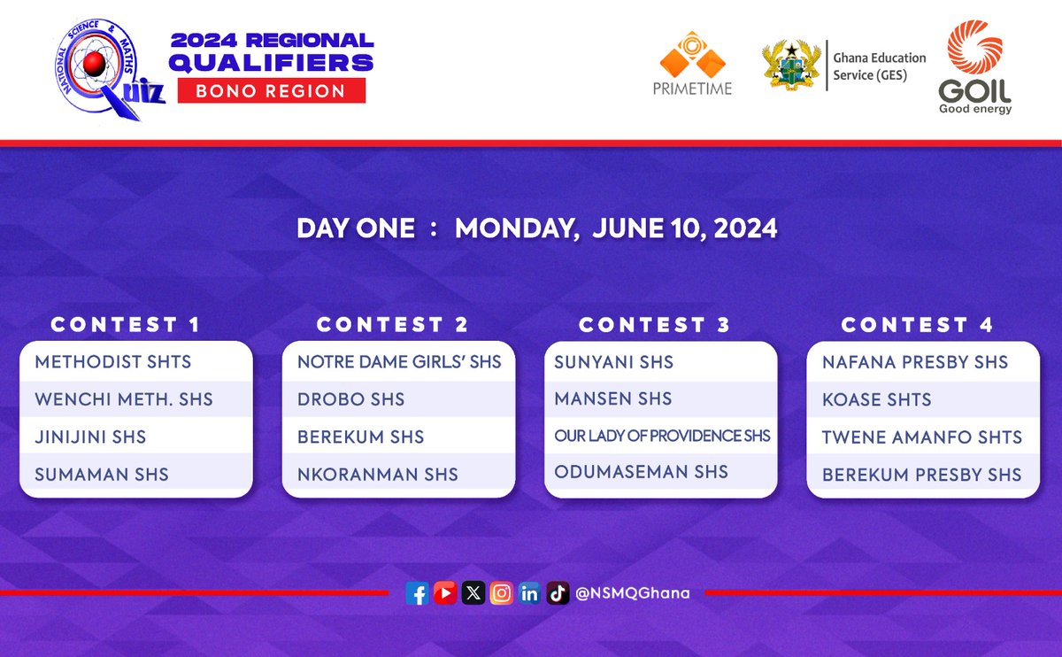 NSMQGhana's tweet image. CONFIRMED:

The Bono #NSMQRegionals fixtures are innnnn! Which schools will make it to the National Championship?

Find out on June 10 &amp;amp; 11, 2024.

Don&apos;t miss out on these exciting match ups!🔥

#NSMQ2024 #Primetime