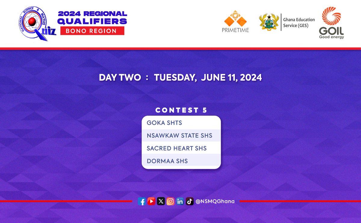 NSMQGhana's tweet image. CONFIRMED:

The Bono #NSMQRegionals fixtures are innnnn! Which schools will make it to the National Championship?

Find out on June 10 &amp;amp; 11, 2024.

Don&apos;t miss out on these exciting match ups!🔥

#NSMQ2024 #Primetime