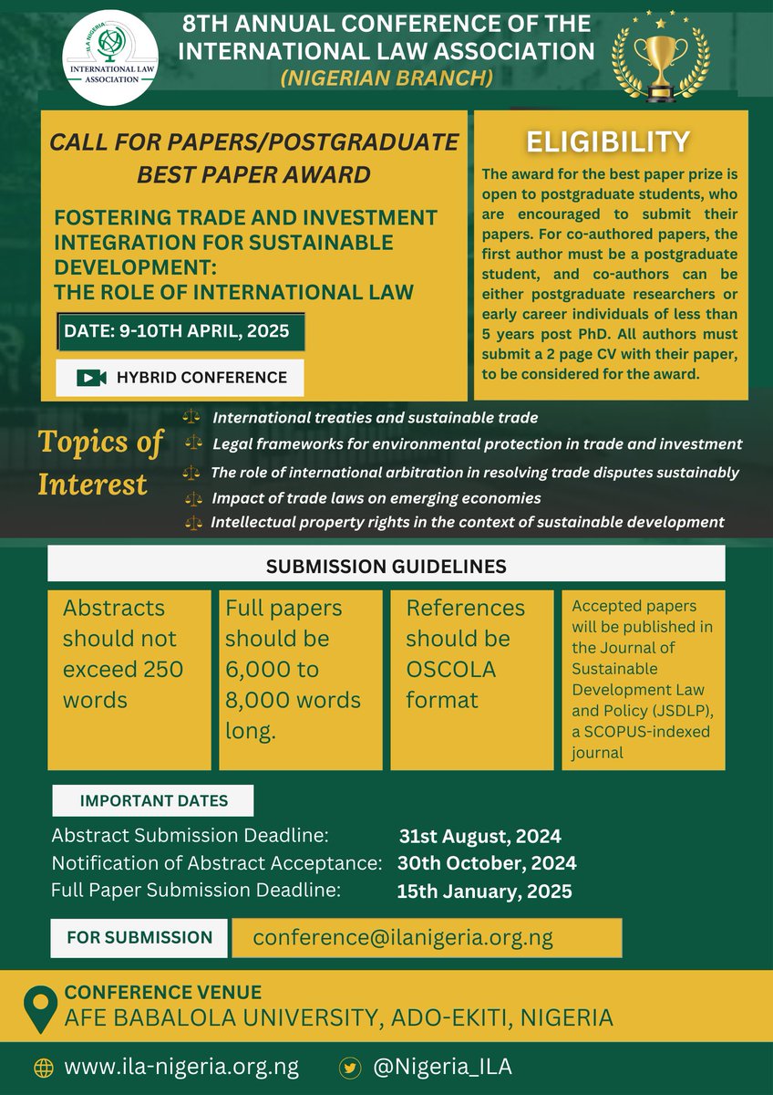 Participate in the ILA Nigeria Conference: Submit your research papers and compete for the Best Postgraduate Paper Award!
📩 conference@ilanigeria.org.ng
#ILANigeriaConference #CallForPapers #PostgraduateResearch #Awards
