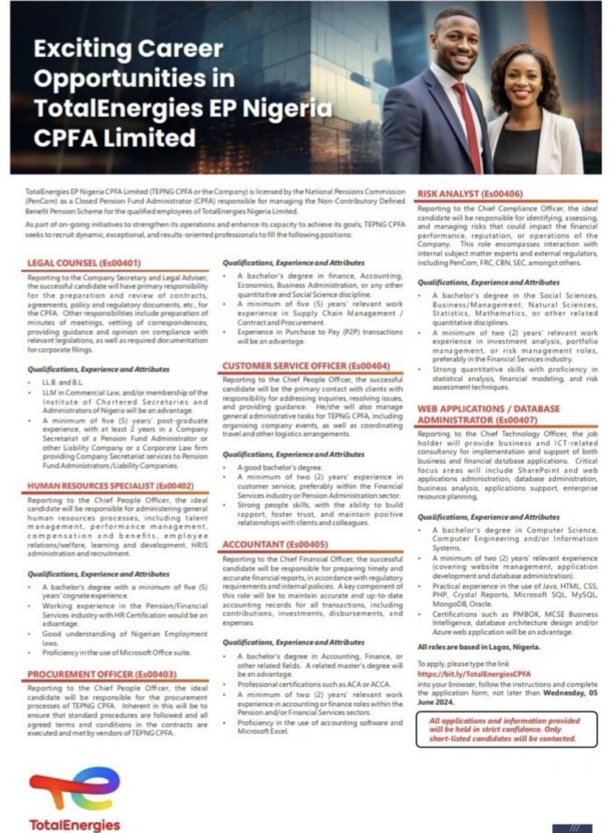 LegitNgJobs's tweet photo. Openings at TotalEnergies EP Nigeria CPFA Limited.

Main requirements:Bachelors degree and 2-5 years experience depending on the role.

https://t.co/clm86JIyzE

Check the picture below for details and link above to apply. https://t.co/Ab1j3T2nBT