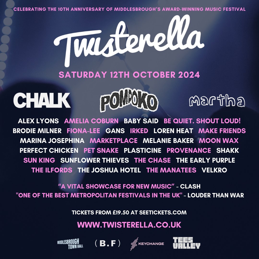 We are delighted to announce the second wave of artists playing at this years @TwisterellaFest 

Twisterella Festival celebrates its 10th anniversary and will return bigger and better than ever on Saturday 12th October 2024.

middlesbroughtownhall.co.uk/event/twistere…
