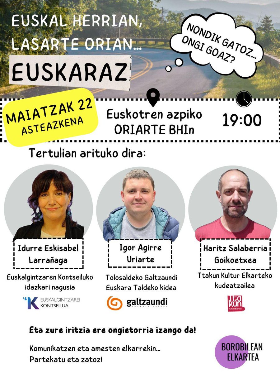 Kaixo
Euskaltzalea zara? 
Gure hizkuntzaren kontrako oldarraldia kezkaz bizi duzu?
Euskararen osasunaz, orainaz eta geroaz tertulia atsegin bat izango dugu gaur Lasarte Orian.
Ez galdu aukera interesgarri hau…
🌀 #Borobilean ekimena