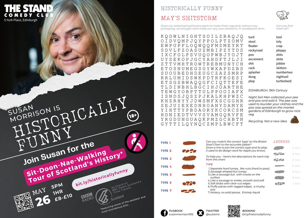 Don't miss this Sunday - 26th May - am planning on talking absolute shite. 

In the meantime, try ma wee word search and jobbie-identitication-quiz to see if you're as knowledgeable on crap as I am. 

Grab yer tickets!
bit.ly/historicallyfu…