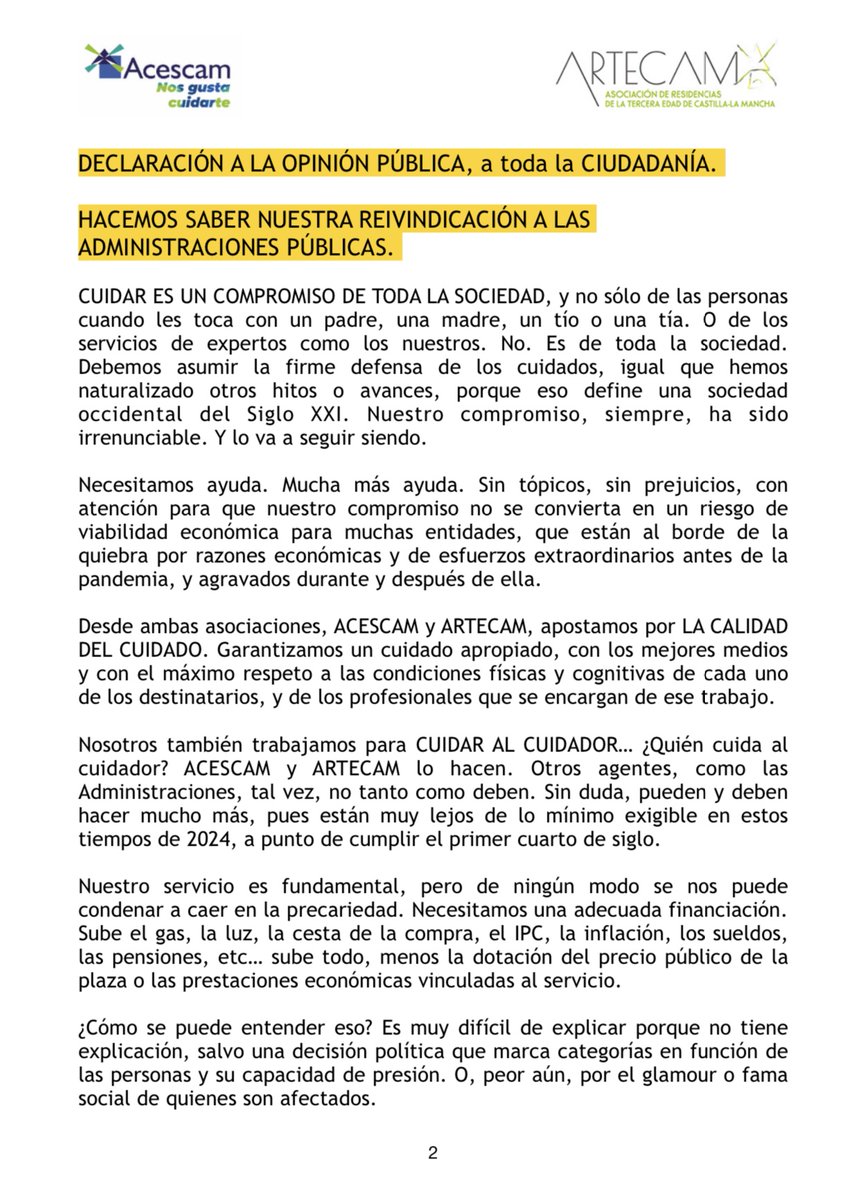 acescam_clm's tweet photo. #ACCESCAM y @ARTECAMCLM han realizado hoy una DECLARACIÓN INSTITUCIONAL conjunta:

‼️EXIGIMOS a la Administración Pública una MEJORA URGENTE de la FINANCIACIÓN de los SERVICIOS a MAYORES Y DEPENDIENTES.

Ayúdanos con un RT a difundir este mensaje.🔁

#NosGustaCuidarte💚💙 https://t.co/dwJeHqZvlQ