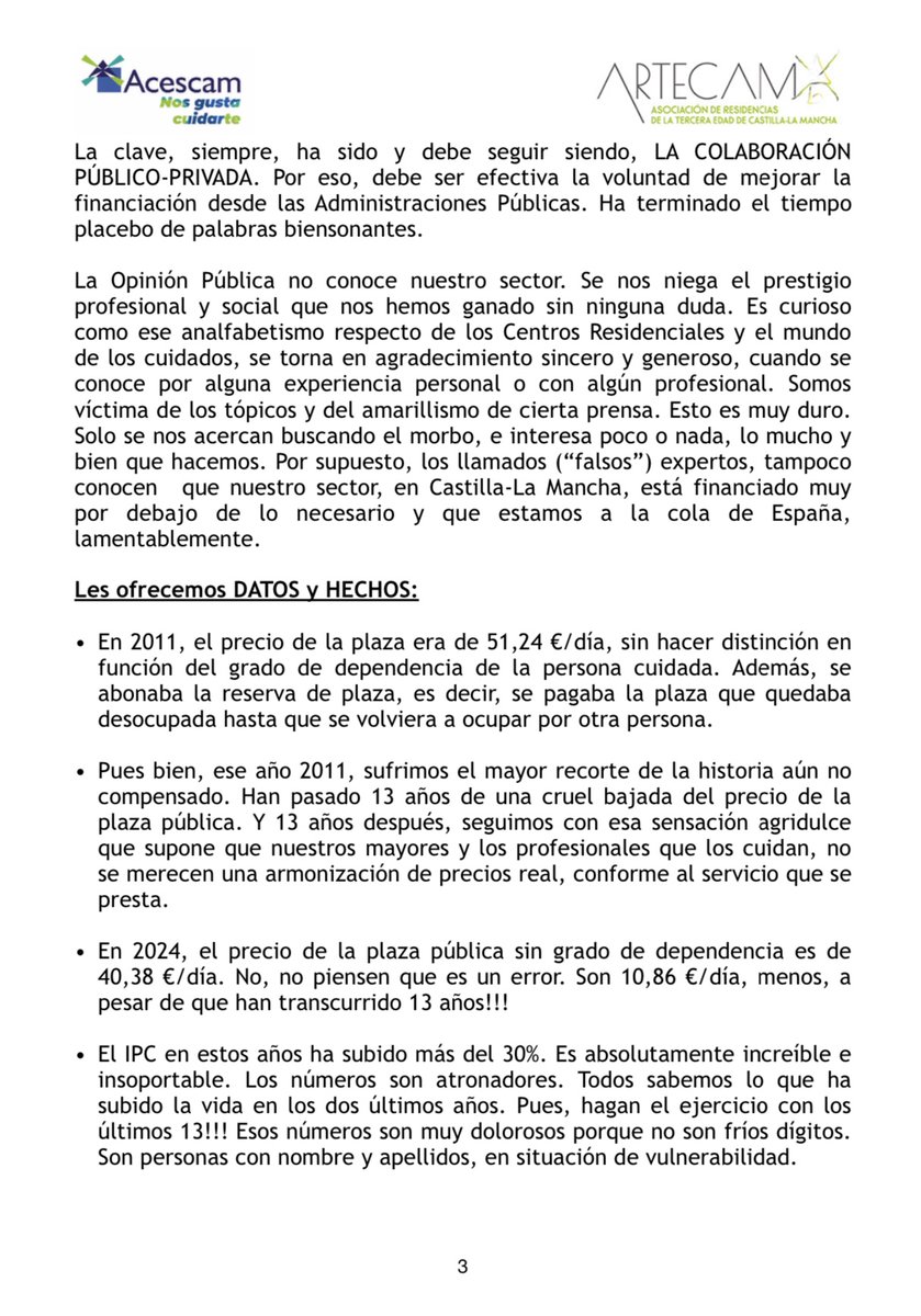 acescam_clm's tweet photo. #ACCESCAM y @ARTECAMCLM han realizado hoy una DECLARACIÓN INSTITUCIONAL conjunta:

‼️EXIGIMOS a la Administración Pública una MEJORA URGENTE de la FINANCIACIÓN de los SERVICIOS a MAYORES Y DEPENDIENTES.

Ayúdanos con un RT a difundir este mensaje.🔁

#NosGustaCuidarte💚💙 https://t.co/dwJeHqZvlQ