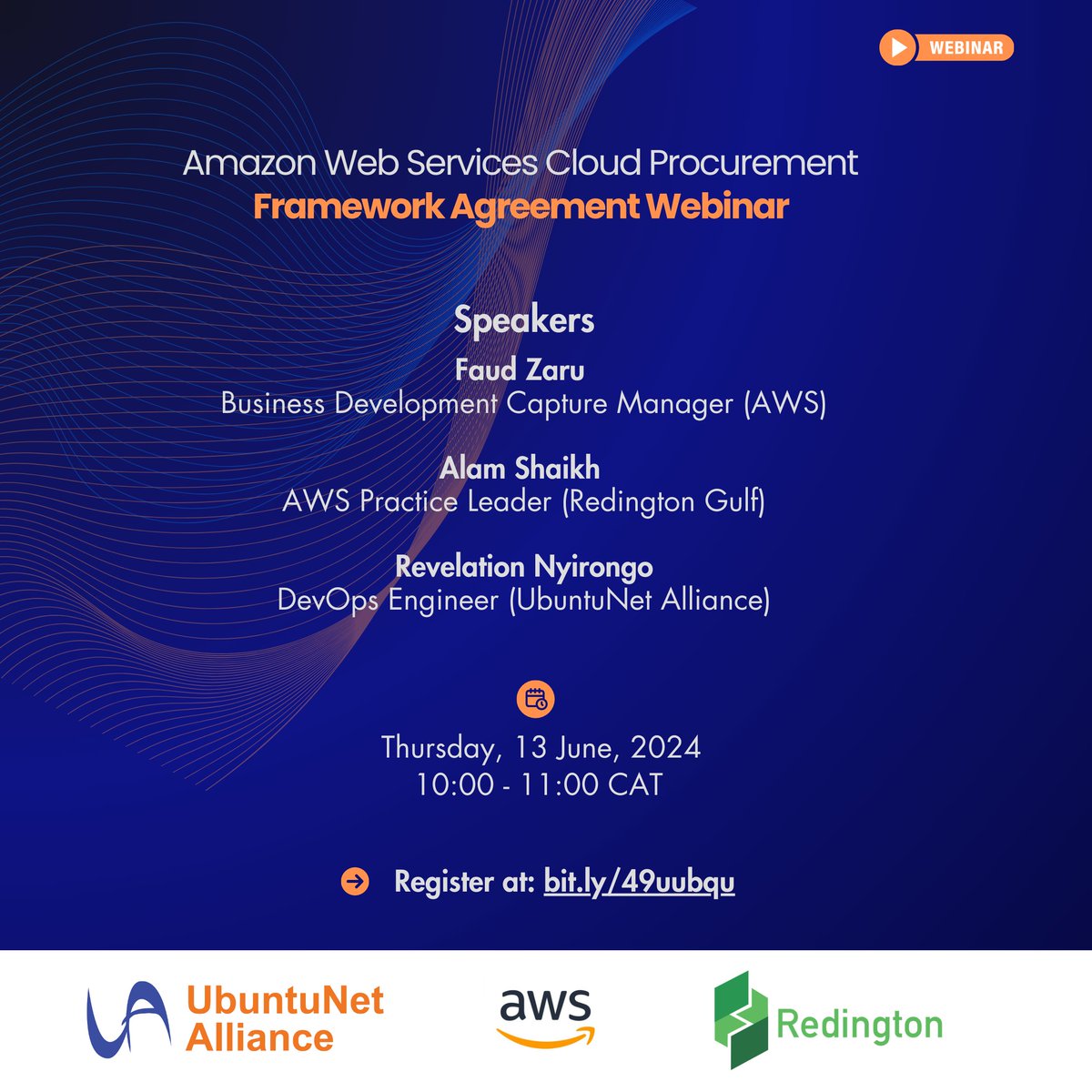 Join us on June 13th, 2024, for an insightful webinar on the 'AWS Cloud Procurement Framework'! Learn about UbuntuNet Alliance AWS framework agreements and how to leverage AWS competencies with experts from AWS and Redington. Don't miss out! Register now ubuntunet.zoom.us/webinar/regist…