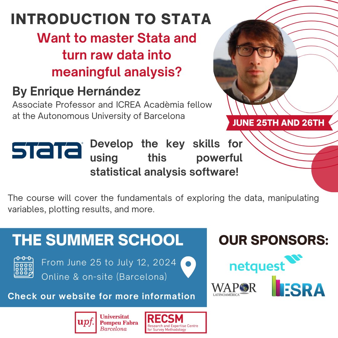 RECSM_UPF's tweet photo. 📊 Register for our Stata course and learn how to turn data into powerful insights! Increase your research skills with Stata! Now with @EHernandezPe.

Enroll now: https://t.co/NOkRIytVFH 

#StataCourse #DataAnalysis https://t.co/zfD7H0MSRA