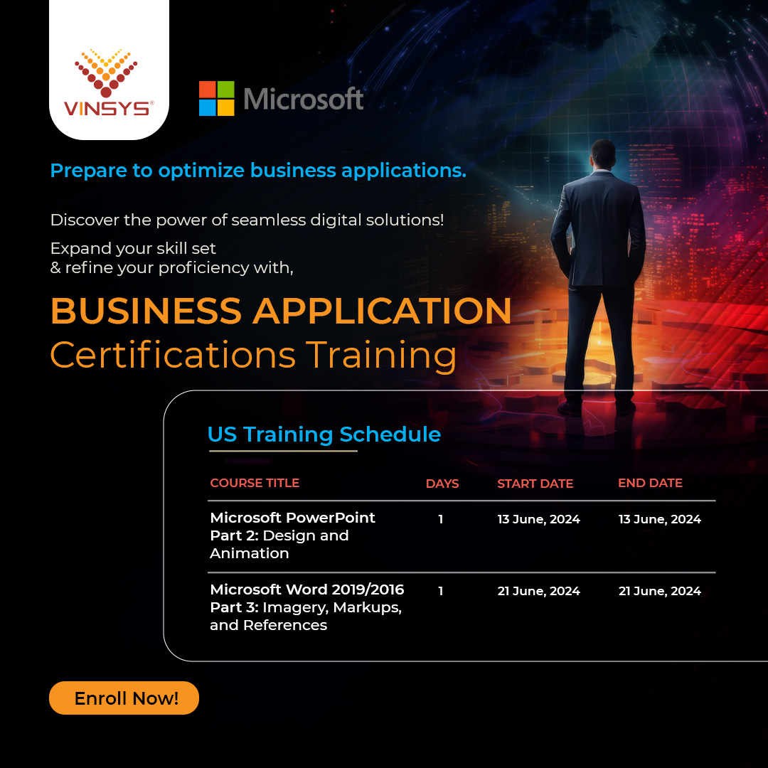 VinsysOfficial's tweet image. Discover the secrets of vital #softwaretools and learn how to use them effectively for your business. From increasing productivity to streamlining processes, our courses cover it all.
Enhance your skills in #businessapplications with our #personalizedtraining!