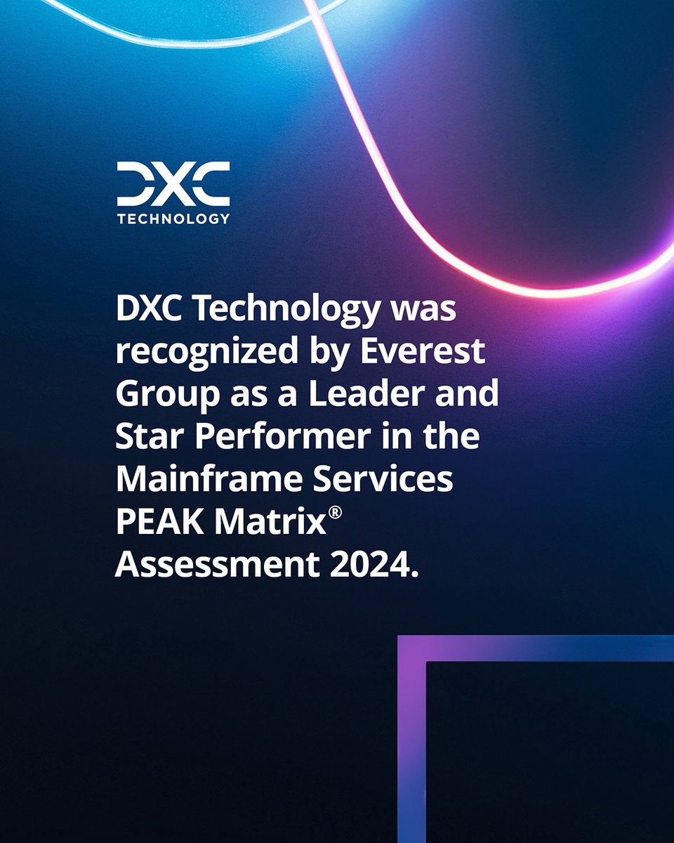 DXCTechnology's tweet image. DXC Technology has been recognized as a Leader and Star Performer in the latest Mainframe Services PEAK Matrix® Assessment 2024.
Read all about DXC Mainframe services: dxc.to/3K6eL0O
#WeAreDXC #MainframeServices #ThinkMainframeThinkDXC