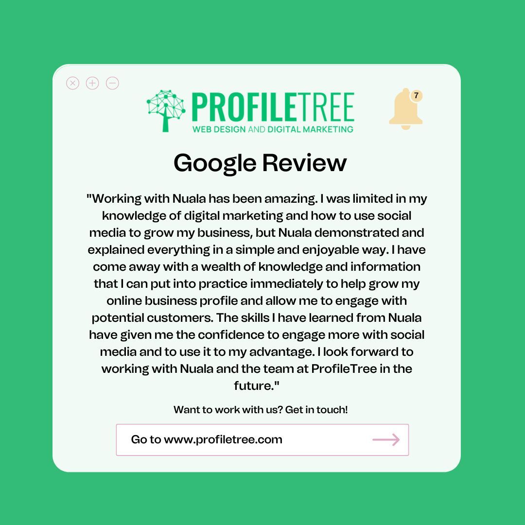 Some lovely feedback from one of our training clients about their experience working with Nuala. 🎉 

To start your digital strategy upskilling get in touch: buff.ly/40loCWR 

#ProfileTree #DigitalStrategy #ClientFeedback #Belfast