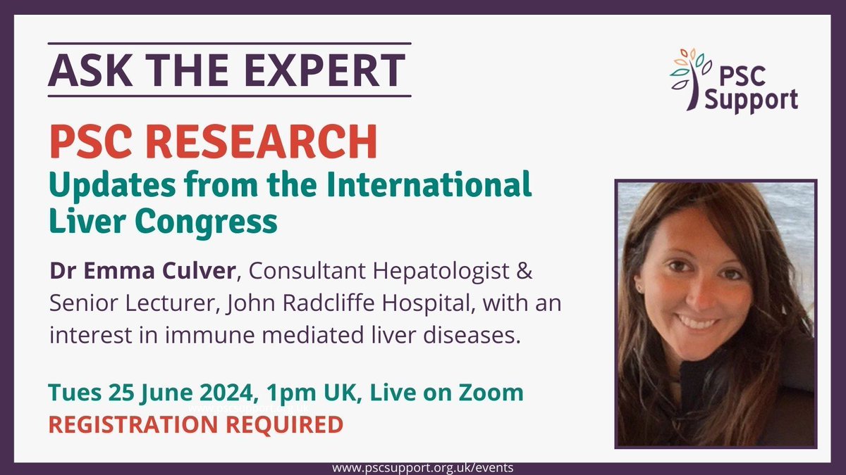 PSCSupportUK's tweet photo. Registration for our June Ask the Expert live webinar is now open. We'll be joined by Dr Emma Culver to discuss the latest PSC research and news from the International Liver Congress. 
➡️ https://t.co/Ho5x2SKGMI #LetsBeatPSC #PSCExpert https://t.co/6THbDsBy7m