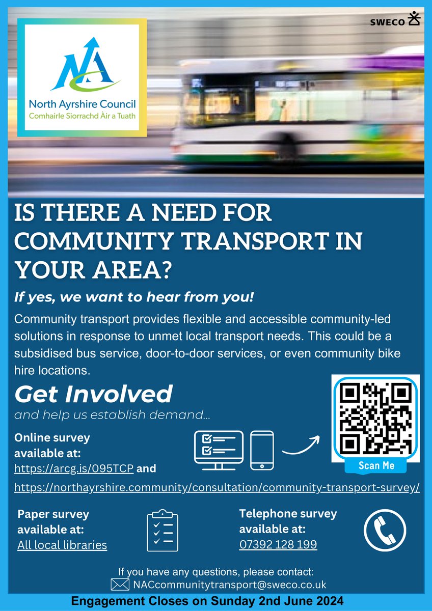 📢North Ayrshire residents📢 Is there a need for community transport in your area? What would you like to have considered? Now is your chance to get involved. Survey link below 👇 or a paper version is available at your local library. ow.ly/vOyU50RkTiX