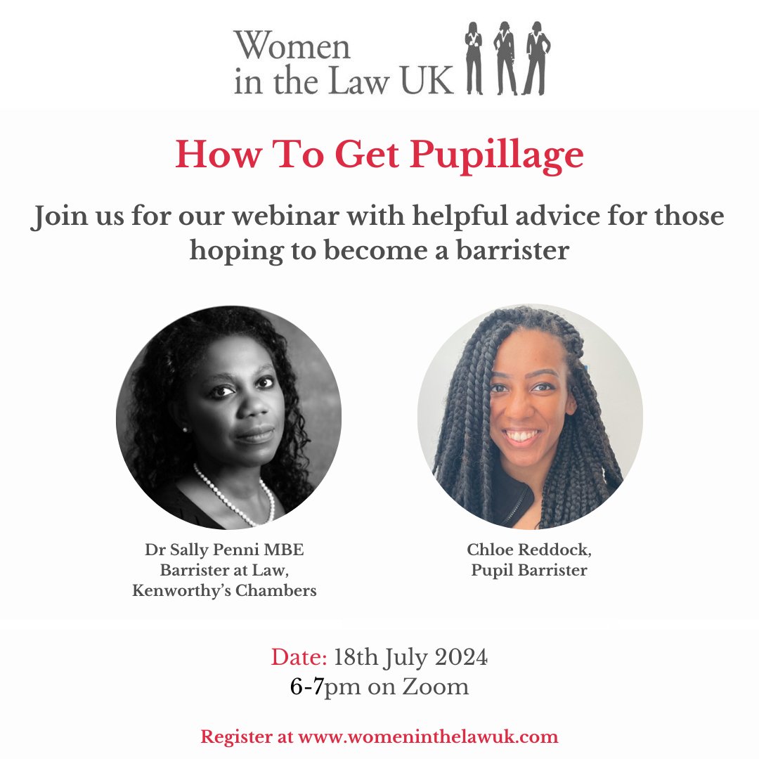 Looking for pupillage? Don't miss our webinar covering how to get pupillage on 18th July. Book your place here: ow.ly/P1zI50RuqNb

#pupillage #law #WomenInTheLawUK #barrister #pupilbarrister #lawfirm #lawfirms #TheBar #barristers #lawschool #lawcareer