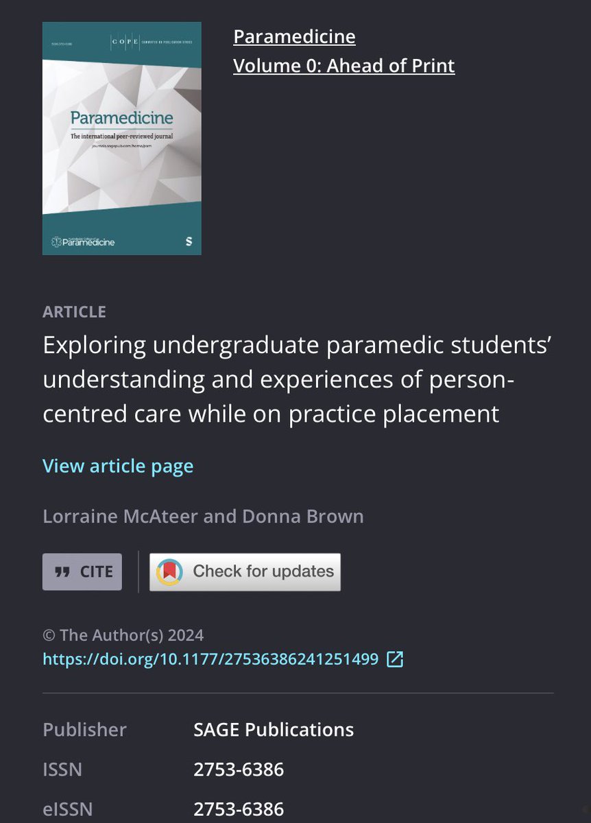 Delighted to have my work published in Paramedicine International Peer Review Journal. A qualitative exploratory study.
doi.org/10.1177/275363… 
Dr Donna Brown @UlsterUniSoNP