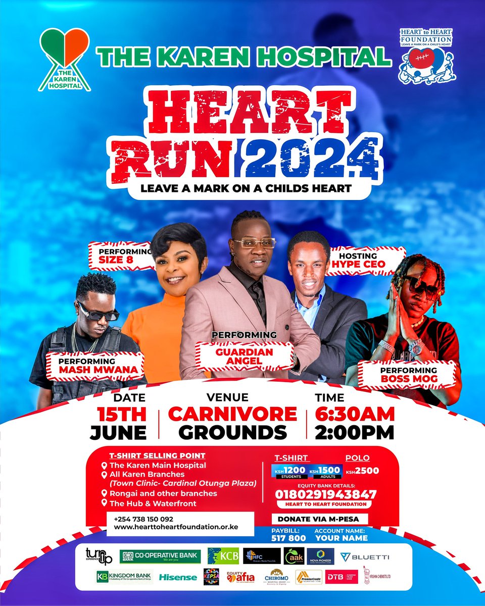Get ready to walk, run & have a blast for a cause! @GuardianAngelK @Size8reborn @mashmwanamapoz @BOSSMOGKENYA & @HYPECEO1 will all be performing at #thekarenhospitalheartrun2024 at the Carnivore Grounds on 15th June 2024. See you all there!