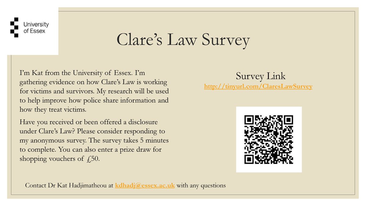 Have you received or been offered a disclosure under Clare's law? The University of Essex is conducting research on the effectiveness of Clare's Law for victims/survivors to improve police support & victim treatment. Share your thoughts anonymously- qfreeaccountssjc1.az1.qualtrics.com/jfe/form/SV_88…