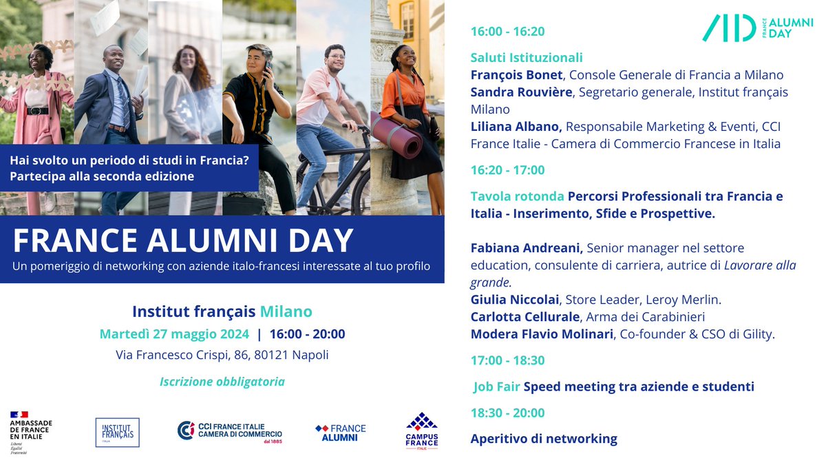 France Alumni Day Milano, 27 maggio 2024. Partecipa alla 2° edizione del France Alumni Day. Organizzato da @FranceenItalie , Institut français Italia e @CCIFranceItalie 📌 Iscrizione obbligatoria entro il 23 maggio: institutfrancais.it/italia/france-…