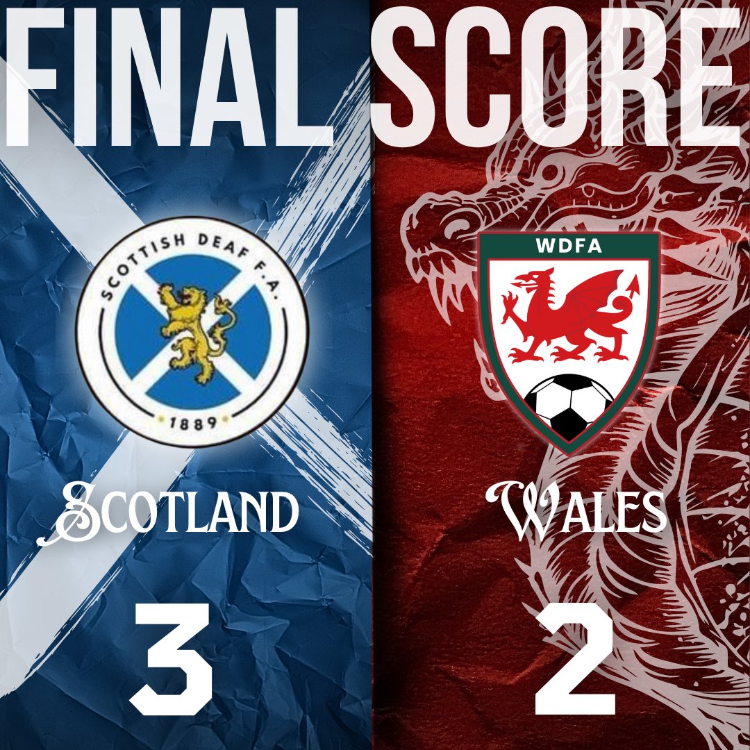 Final score against Scotland. 

Thank you for giving us a good match. Best of luck for the rest of tournament. 

Next match - Germany 🇩🇪 tomorrow at 5.30pm/3.30pm UK time. 

Dewch Ymlaen Cymru! 🏴󠁧󠁢󠁷󠁬󠁳󠁿 

#deafidentity #deafled #deafwall #deaffootball #europeandeaffootballchampionships