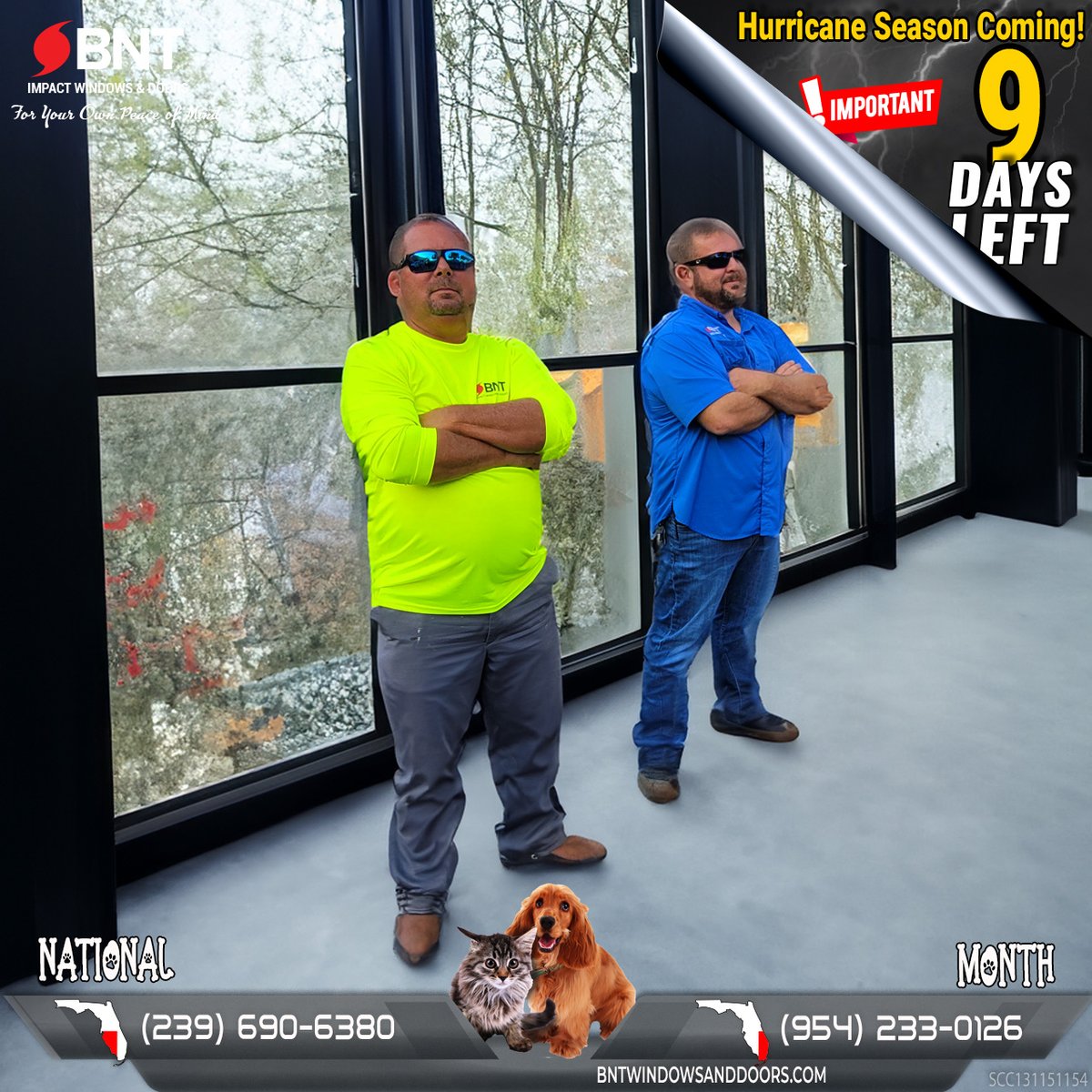 bntservices's tweet image. Our guys are all about fearlessness and always up for a challenge! Bring on the hurricane season - just 9 days away! Make sure you&apos;re prepared with BNT Impact Windows and Doors to protect your home. Safety first, always. 💪🏼🌀 #HurricaneSeason #BNTImpactWindows #FearlessProtection