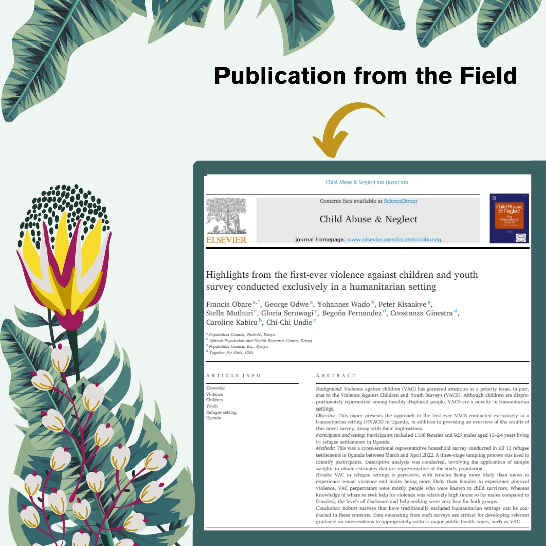 New study on prevalence & gendered dynamics of #VAC among refugees in #Uganda. Findings show low disclosure & help-seeking despite awareness. Important implications for #VAC interventions in humanitarian settings. 👉Read more: sciencedirect.com/science/articl… cc: @Pop_Council