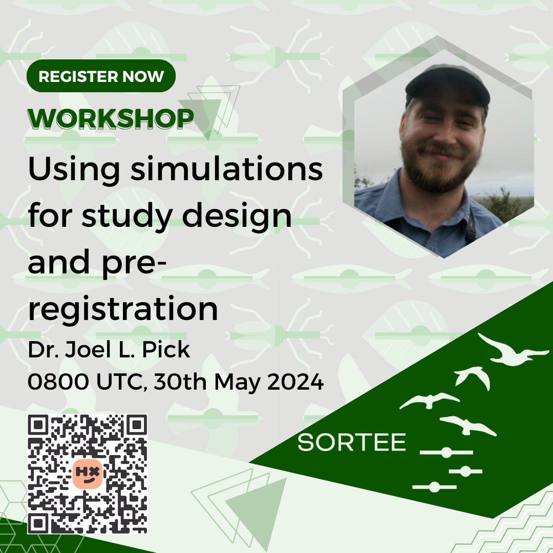 Join our workshop: An introduction to using simulations for study design and pre-registration, by @joel_l_pick When: 30th May, 10:00 am CEST This workshop is aimed at empiricists from any career stage or discipline. Register at events.humanitix.com/sortee-worksho… #SORTEEtools