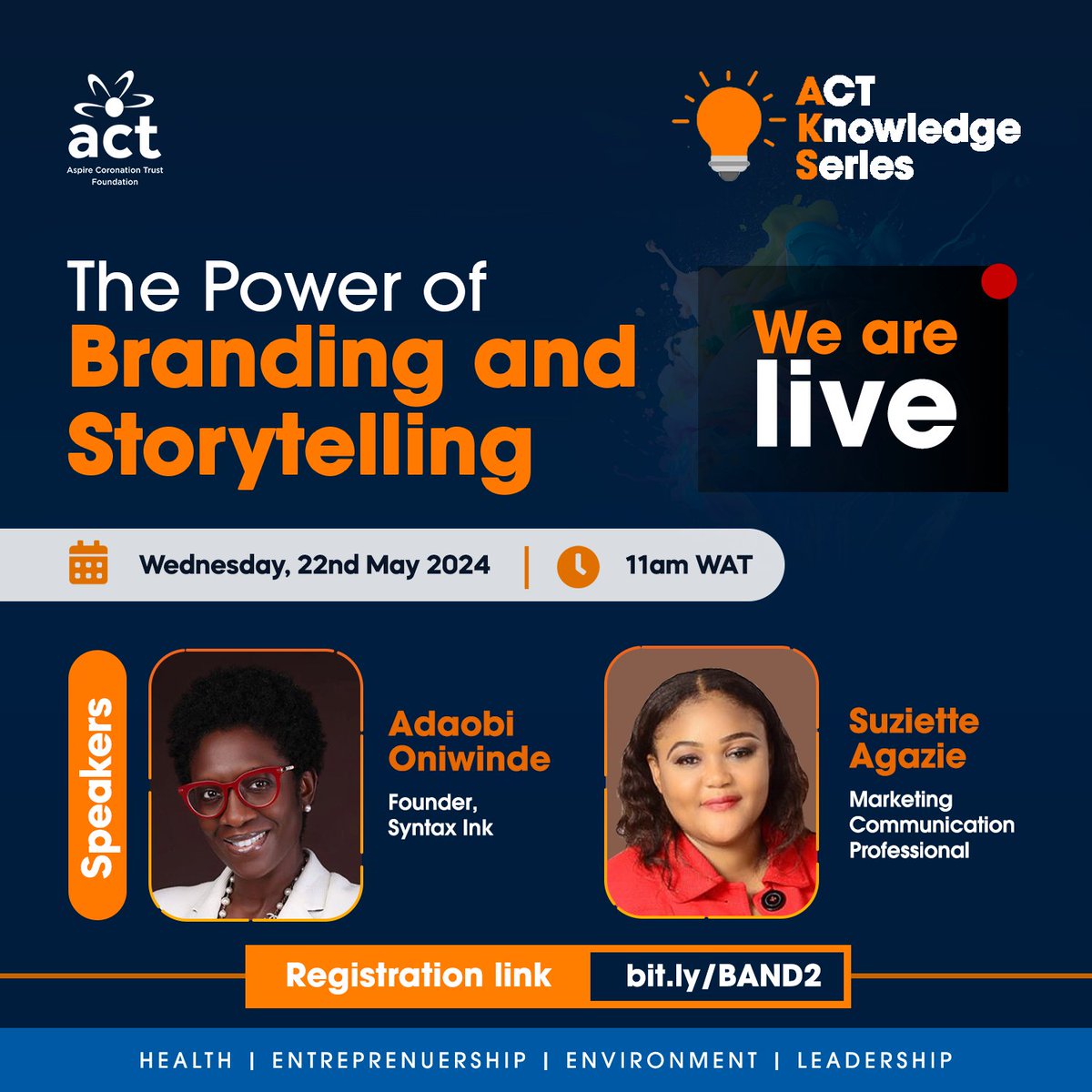 ACTFoundation_'s tweet image. We are LIVE!

Join us! bit.ly/BAND2 

#actfoundation #ACTKnowledgeSeries #Storytelling #Branding #Impact #Africa #training