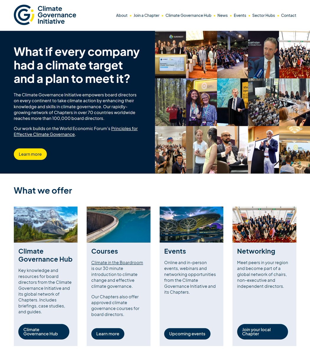 Check out our new homepage🔎🤩

➡️Featuring photos of just some of the recent events held by our global network of 31 Chapters, and
➡️Info on the support we offer board directors on climate action, like toolkits, courses &amp; networking

Visit climate-governance.org for more 👩‍💻