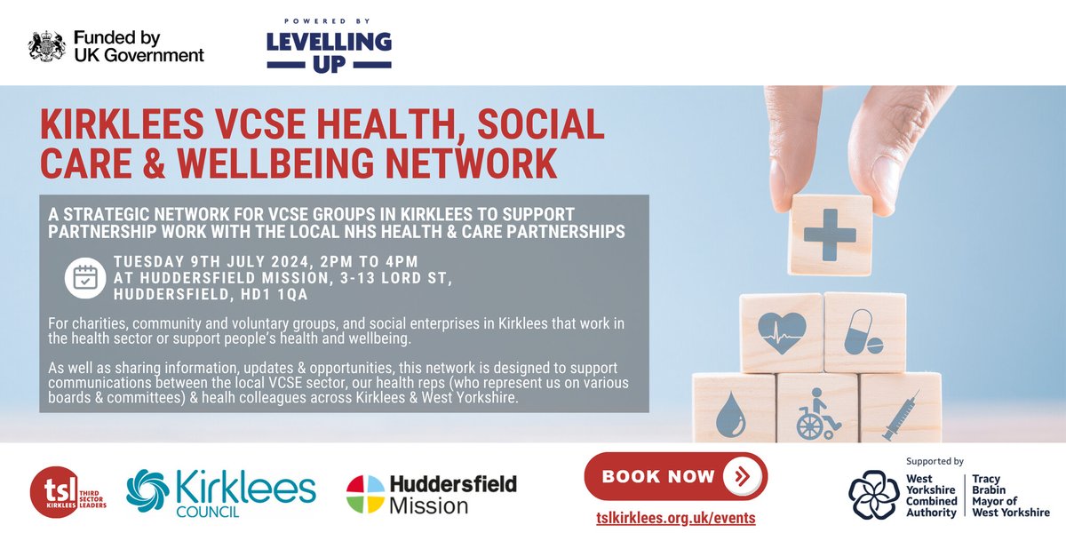 📢Kirklees VCSE Health, Wellbeing and Social Care Network, 9th July, 2pm to 4pm, Huddersfield Mission 👉 eventbrite.co.uk/e/kirklees-vcs…