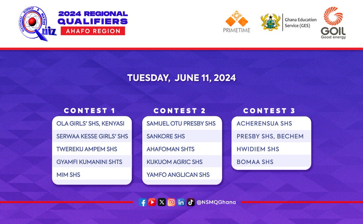 CONFIRMED: Save the date for the upcoming qualifiers in the Ahafo Region, taking place on June 11, 2024. Rep your school in the comments. #NSMQRegionals #NSMQ2024 #Primetime