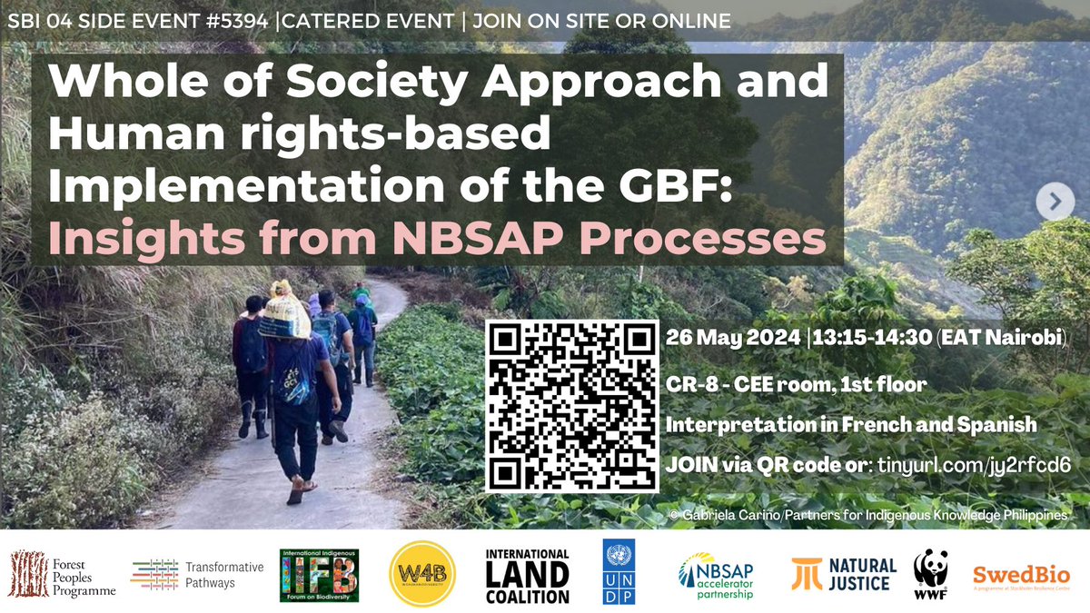 🗓 HAPPENING 26 MAY | @SBI-04 | SIDE EVENT 🍃Join us and learn how to promote the integration of a Human rights Based approach in National Biodiversity Plans before COP 16. Available online in EN, FR and ES: tinyurl.com/jy2rfcd6 #partoftheplan #biodiversityplan