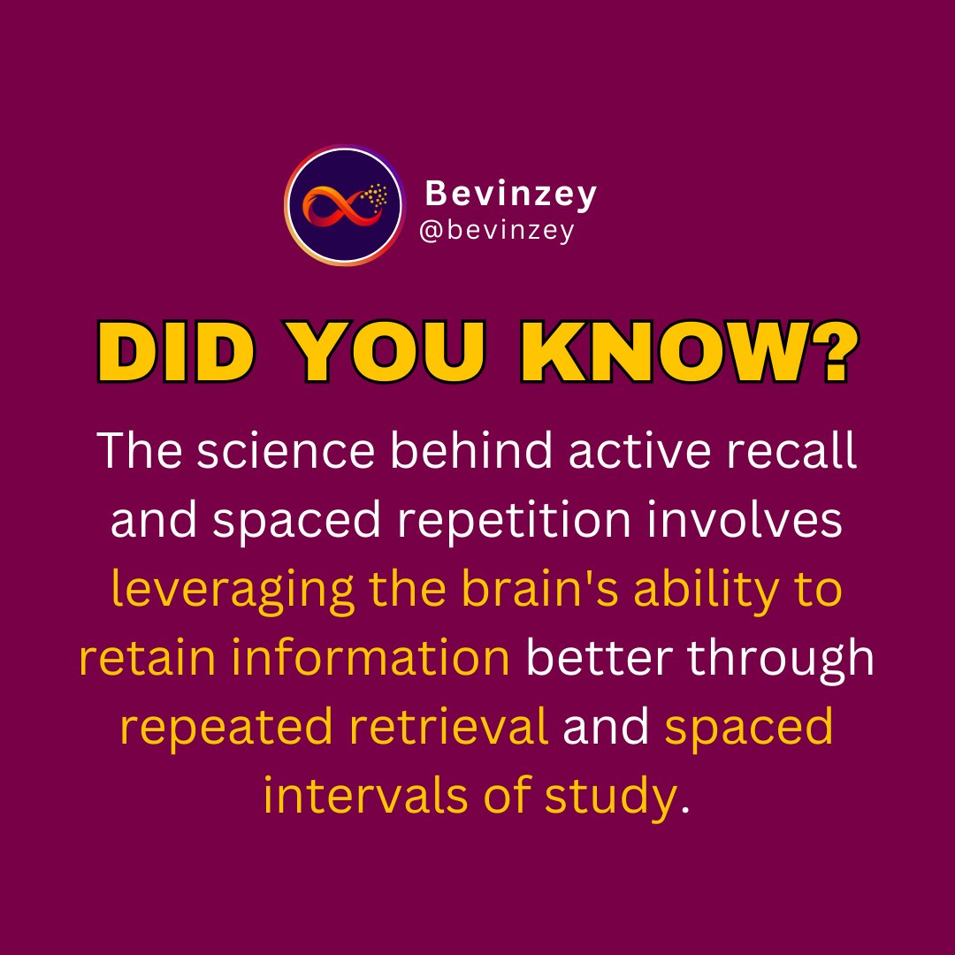 bevinzey's tweet image. Did you know? The science behind active recall and spaced repetition harnesses the brain's ability to retain information better through repeated retrieval and spaced intervals of study.
#ActiveRecall #SpacedRepetition #LearningScience #MemoryRetention #StudyTips
