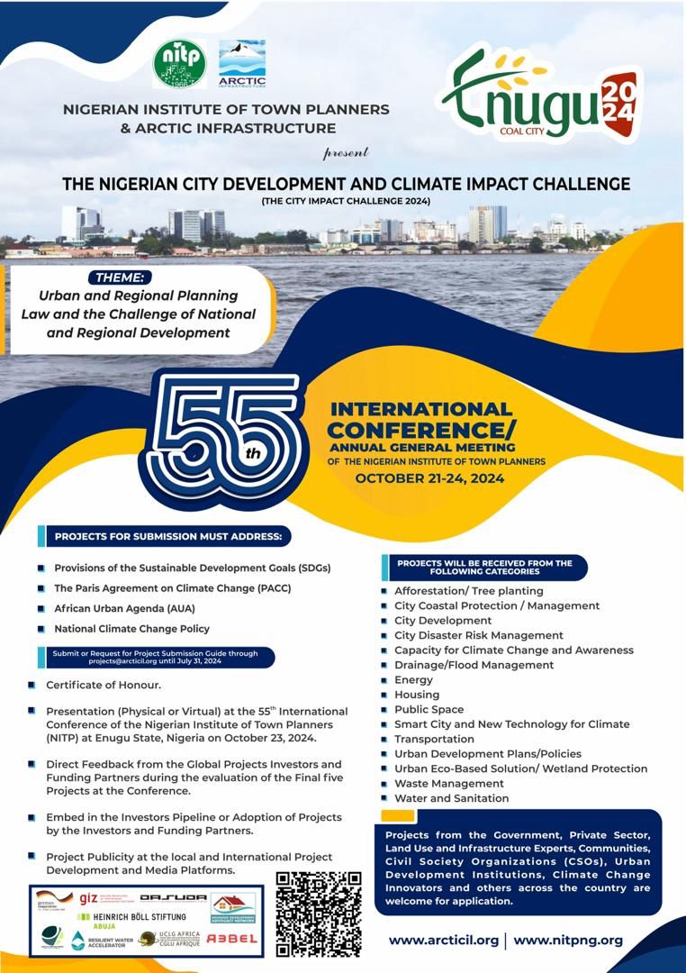 The Nigerian Institute of Town Planners (NITP) and ARCTIC INFRASTRUCTURE (AI) invite submissions for projects in the specified categories as detailed in the flyer.  

Interested applicants can access the Project Submission Guide via this link:  forms.gle/Ge5zY43fkhECmS…