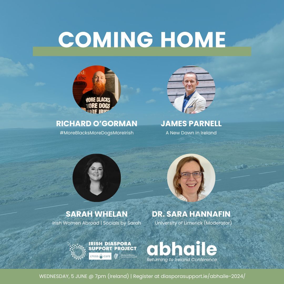 Crosscare Irish Diaspora Support Project (@irishdiasporasp) on Twitter photo Meet our 'Coming Home' panellists ☘️🏠
With just two weeks until our first Abhaile conference panel, we are thrilled to introduce you to Richard O'Gorman (@eyerishjamaican), <a href="/jameseparnell/">TheWellbeingJim</a>, Sarah Whelan, and moderator Dr Sara Hannafin (<a href="/HannafinS/">Dr Sara Hannafin</a>) of <a href="/UL/">University Of Limerick</a>. Meet our 'Coming Home' panellists ☘️🏠
With just two weeks until our first Abhaile conference panel, we are thrilled to introduce you to Richard O'Gorman (@eyerishjamaican), <a href="/jameseparnell/">TheWellbeingJim</a>, Sarah Whelan, and moderator Dr Sara Hannafin (<a href="/HannafinS/">Dr Sara Hannafin</a>) of <a href="/UL/">University Of Limerick</a>.