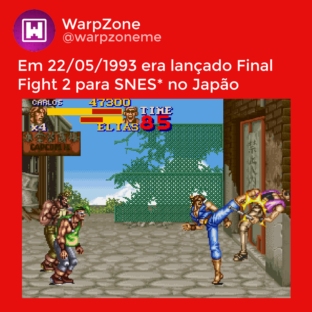 Completa hoje 31 anos. Em 22/05/1993 era lançado Final Fight 2 para Super Famicom no Japão. #SNES #FinalFight #Retro #Retrogame #WarpZone