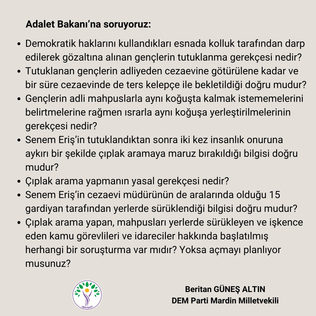 18 Mayıs'ta Mayıs ayında yaşamını yitiren devrimcileri anarken gözaltına alınıp tutuklanan gençleri ve DEM Parti Gençlik Meclisi Üyesi Senem Eriş'in cezaevinde çıplak aramaya maruz bırakılmasını Adalet Bakanı'na soruyoruz.
<a href="/DEMgenclik/">DEM Parti Gençlik Meclisi</a>
<a href="/ihdgenelmerkez/">İHD Genel Merkezi</a>
<a href="/insanhaklari/">TİHV-HRFT</a>