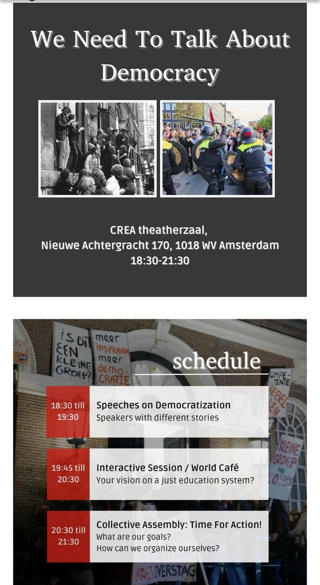 We need to talk about democracy at the university. If you’re tired of campus controversies being resolved with the batons of riot cops, if you don’t want what you teach and research and learn to be dictated from on high, or by the loudest voices, come to CREA tonight. @rethinkUvA
