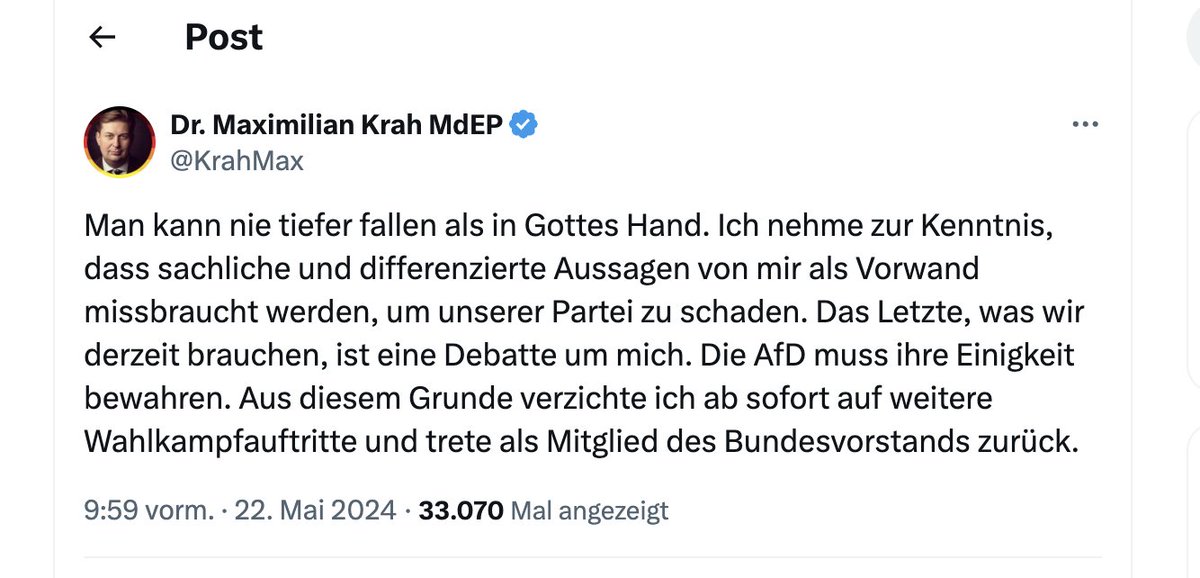 ...oder halt ins EU-Mandat. #Krah bleibt auf Platz 1 der Liste für die Europawahl. Jede #AfD-Stimme sichert dem Mann, der offenbar gerne mit Bargeld reist, weitere vier Jahre Auskommen. Ein »echter Mann« würde auf das Mandat verzichten. #Krah gehört dazu nicht.