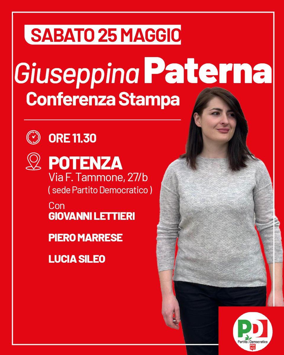 PdBasilicata's tweet photo. 🛑 SAVE THE DATE 🛑
L'Europa che vogliamo è più giusta. 25 maggio Giuseppina PATERNA conferenza stampa
#PdBas  #votapartitodemocratico  #europee2024 

🛑 resta aggiornato 🛑 

https://t.co/ZeUsThKp98 https://t.co/80RYAEp00C