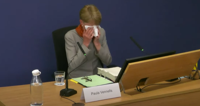 New: Paula Vennells tears up and grabs a tissue during her evidence - as she is asked why she made a false statement in a meeting with MPs. She told parliamentarians that Post Office had won every prosecution based on Horizon - when it had lost around five. #PostOfficeinquiry