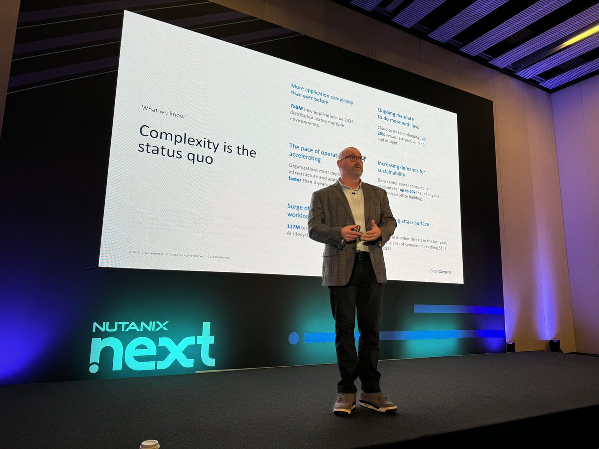 dchosnek's tweet photo. Jeremy Foster on stage presenting 1+1=3 for the Cisco and Nutanix partnership. #NEXTconf https://t.co/7yFb26owcB