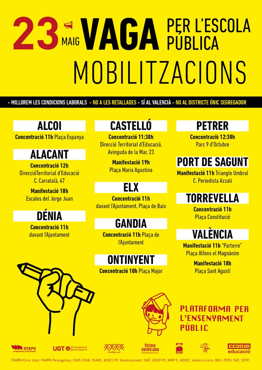 Des del Servei de Llengües de la UA, donem suport a la #Vaga23M per l'escola pública i vos animem a assistir a les concentracions arreu del País Valencià.

Ens oposem a unes polítiques que pretenen arraconar el valencià a l'escola i obstaculitzar-ne la normalització a la societat