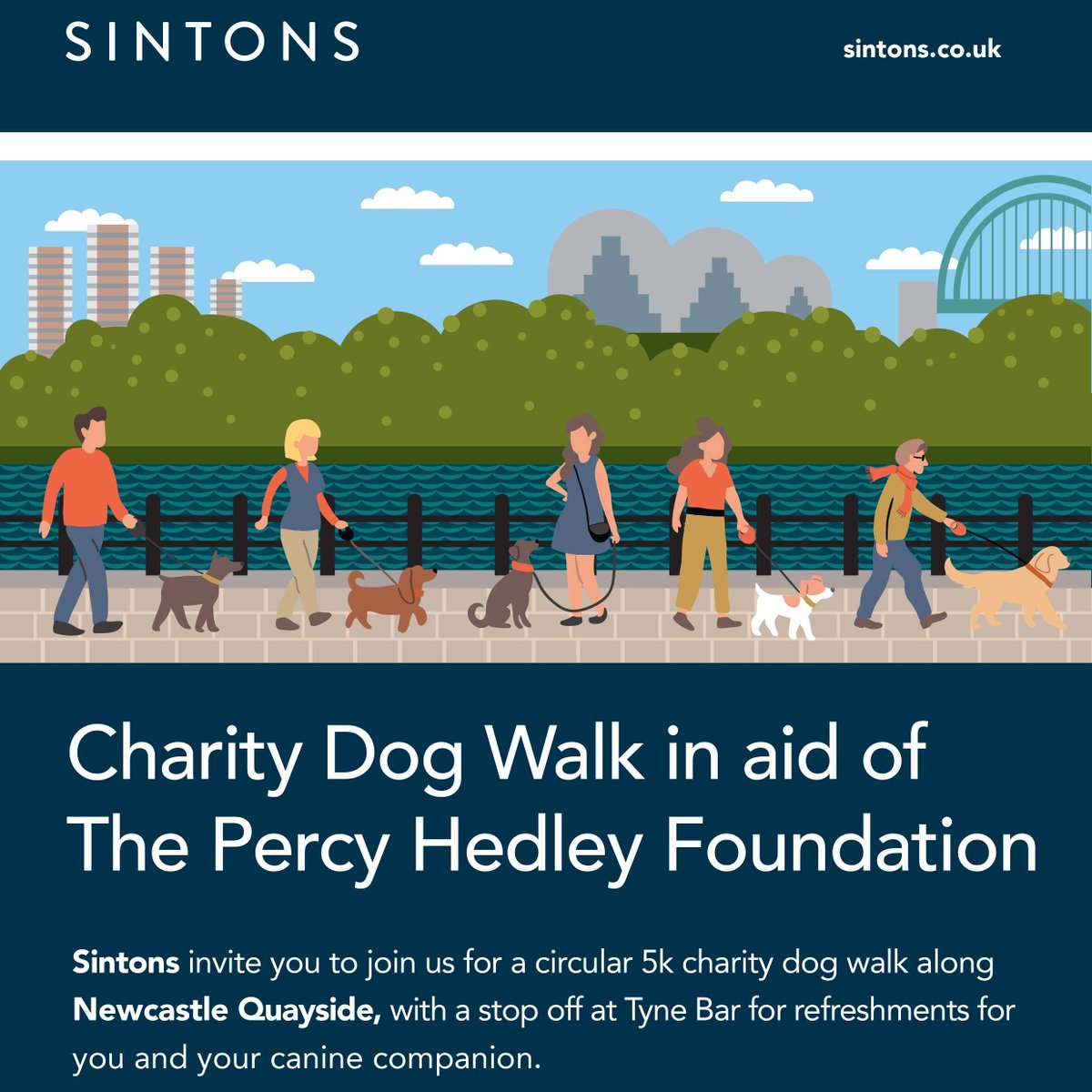 Join us for a circular 5k charity dog walk along Newcastle Quayside, with a stop off at @thetynebar for refreshments for you and your canine companion @percyhedley @Edwards_Cait1 @melissac2707 Click here to register tinyurl.com/mszdud5d #charity #newcastle #quayside