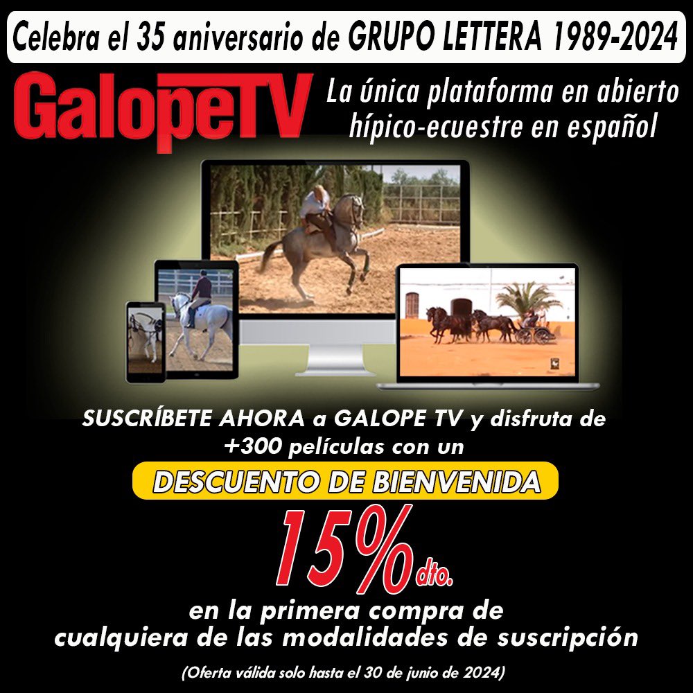Suscríbete a GALOPETV y disfruta de +300 películas en la ÚNICA plataforma en abierto hípica-ecuestre en español.

Pincha en el enlace y obtén un DESCUENTO del 15% en cualquiera de las modalidades de suscripción
👇🏻👇🏻👇🏻👇🏻
galopetv.com/suscripcion/