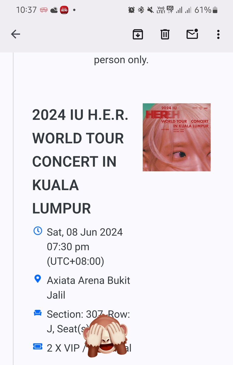 Callistaww1's tweet photo. WTS IU H.E.R. Concert in Kuala Lumpur

Day 1- 8 June
Section 307
Row J (row 10 very near to stage)
Reason: Bought vvip so want to let go vip
Serious buyer only
I will prepare freebies for you too

#IUinKL #IUHERINKL #IU 
#IU #HEREH #HEREH_WORLD_TOUR_IN_KL https://t.co/Tbz8KlE7u8