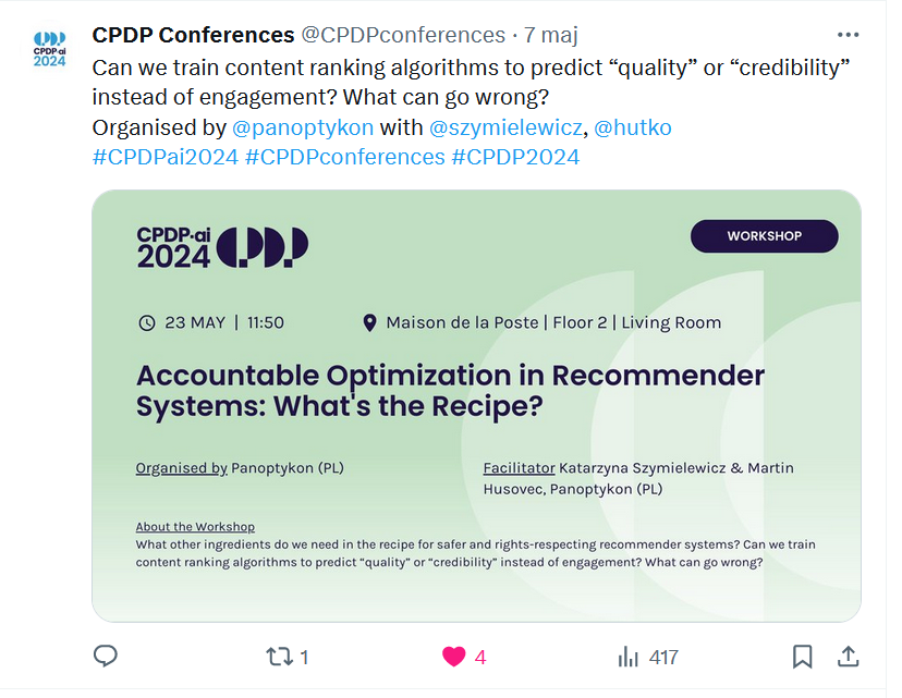 szymielewicz's tweet photo. Quite a few occassions to meet @panoptykon at #CPDP2024 -- I am here to talk about systemic risks caused by #bigtech recommender systems and how to #FixOurFeeds with #DigitalServicesAct and... other tactics ;) Come, listen, share your thoughts:
Thursday, Day2, workshop at 11:50 https://t.co/vHgW5qjcwL