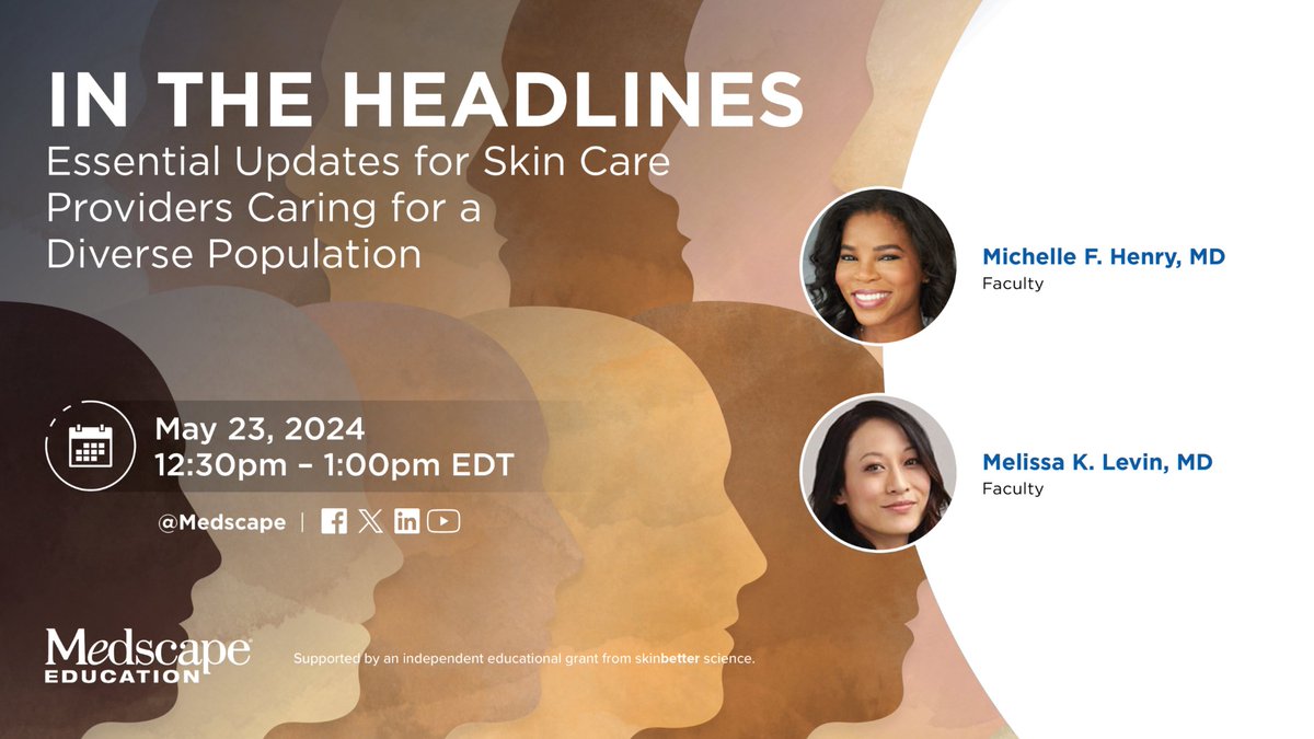 Medscape (@medscape) on Twitter photo 📌 JOIN US THURSDAY to hear <a href="/DrMichelleHenry/">michelle henry</a> and <a href="/DrMelissaKLevin/">Dr. Melissa K Levin</a> present best practices for working w/ different types of common skin conditions among patients with #SkinOfColor.
Click to watch here ➡️ ms.spr.ly/6018YXh2y | #DermTwitter #DermX 📌 JOIN US THURSDAY to hear <a href="/DrMichelleHenry/">michelle henry</a> and <a href="/DrMelissaKLevin/">Dr. Melissa K Levin</a> present best practices for working w/ different types of common skin conditions among patients with #SkinOfColor.
Click to watch here ➡️ ms.spr.ly/6018YXh2y | #DermTwitter #DermX
