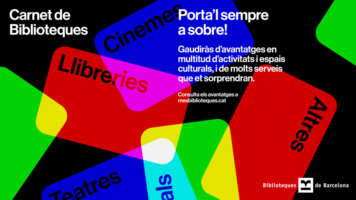 #CarnetDeBibliotequesBCN Porta'l sempre a sobre!

Gaudiràs d'avantatges en multitud d'activitats i espais culturals: teatres, museus, llibreries, cinemes, festivals, ... 

👀Consulta tots els descomptes!
via.bcn/mzum50MllS5